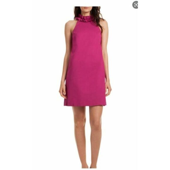 Trina Turk Womens Pink Dobbie Shift Dress Halter Magenta Size 6 Ruffle Collar - Picture 1 of 7